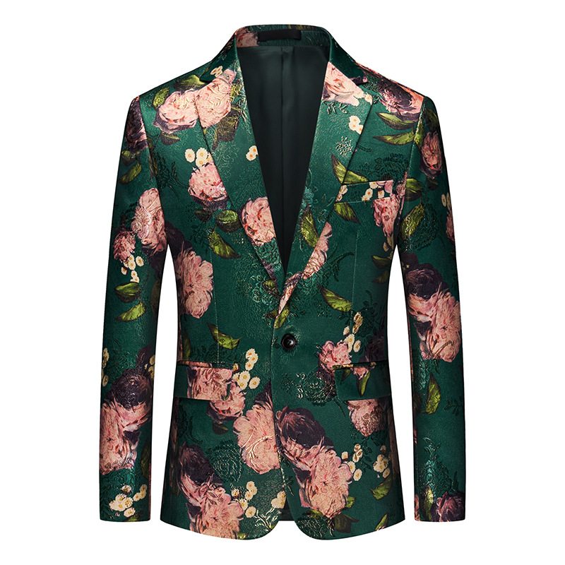 Blazer Herr Sport Coat Jacquard One Buttons Platt Krage Flikfickor Blommönster