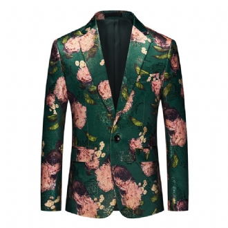 Blazer Herr Sport Coat Jacquard One Buttons Platt Krage Flikfickor Blommönster